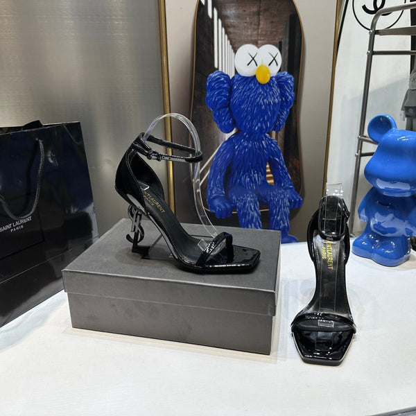YSL Women's Opyum Patent Leather Black Sandals With 10cm Heel