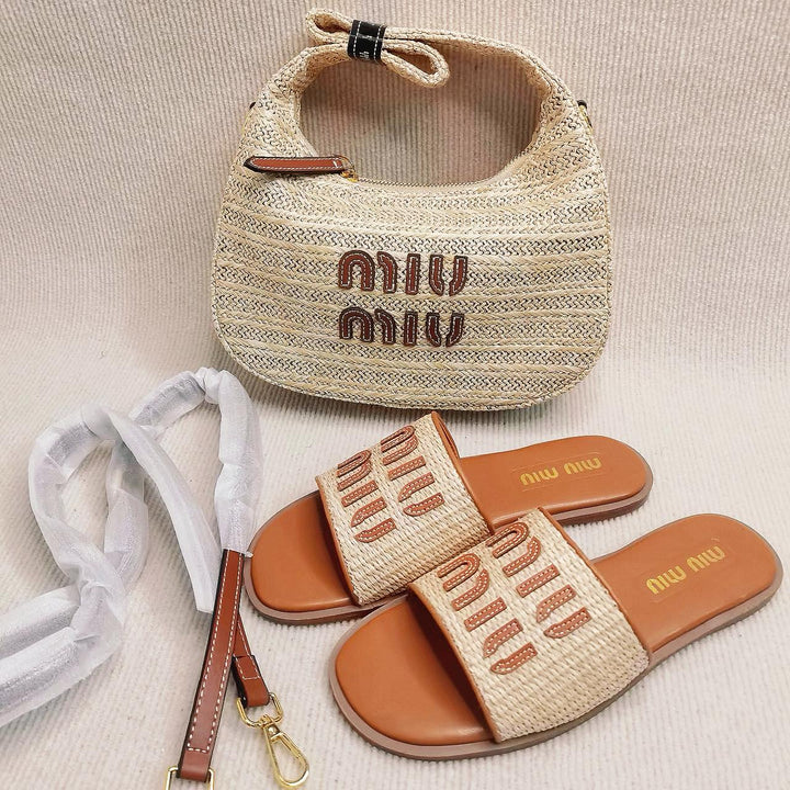 Neutral Logo Slides In Rafia By Miu Miu - Saadstore
