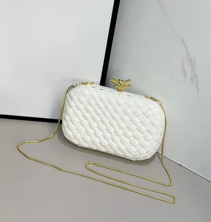 Knot Minaudiere Clutch with Chain in Intreccio Calfskin By Bottega Veneta - Saadstore
