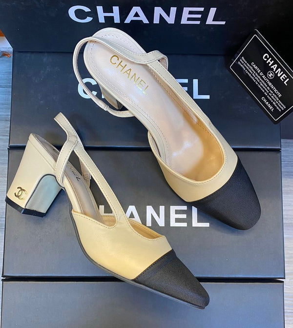 Leather & Fabric CC Cap Toe Slingback Pumps